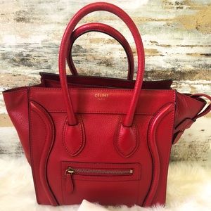 Celine Red Micro Drummed Leather Luggage Tote